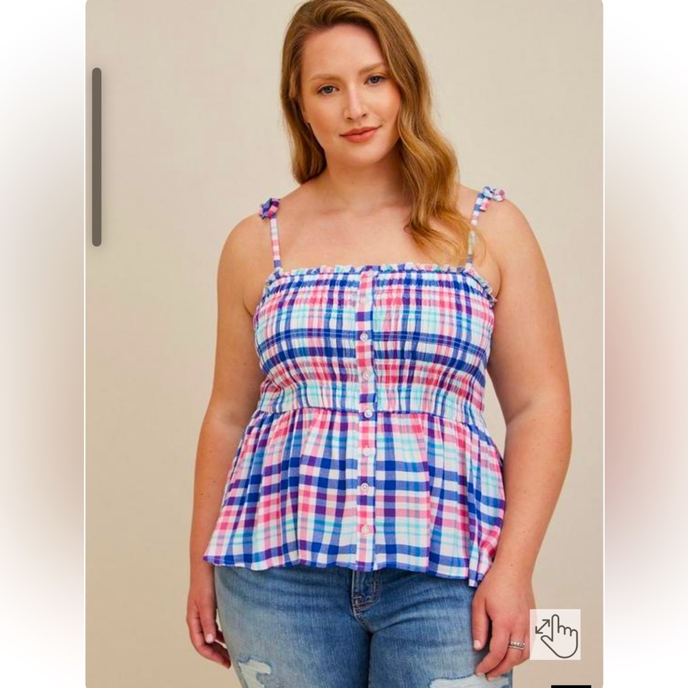 TORRID PEPLUM SMOCKED BODICE CAMI -CRINKLE GAUZE PLAID WHITE